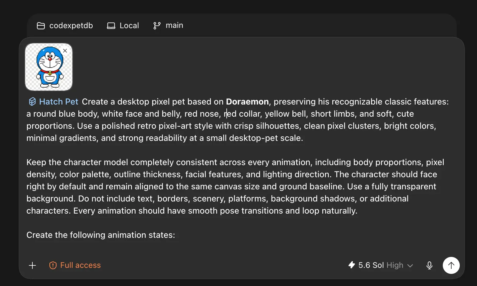 Codex Hatch Pet prompt example describing the pet appearance and animation requirements.
